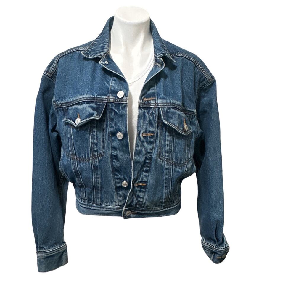 Jordache Vintage 90s Cropped Denim Trucker Jacket Blue Boxy Fit Women's M